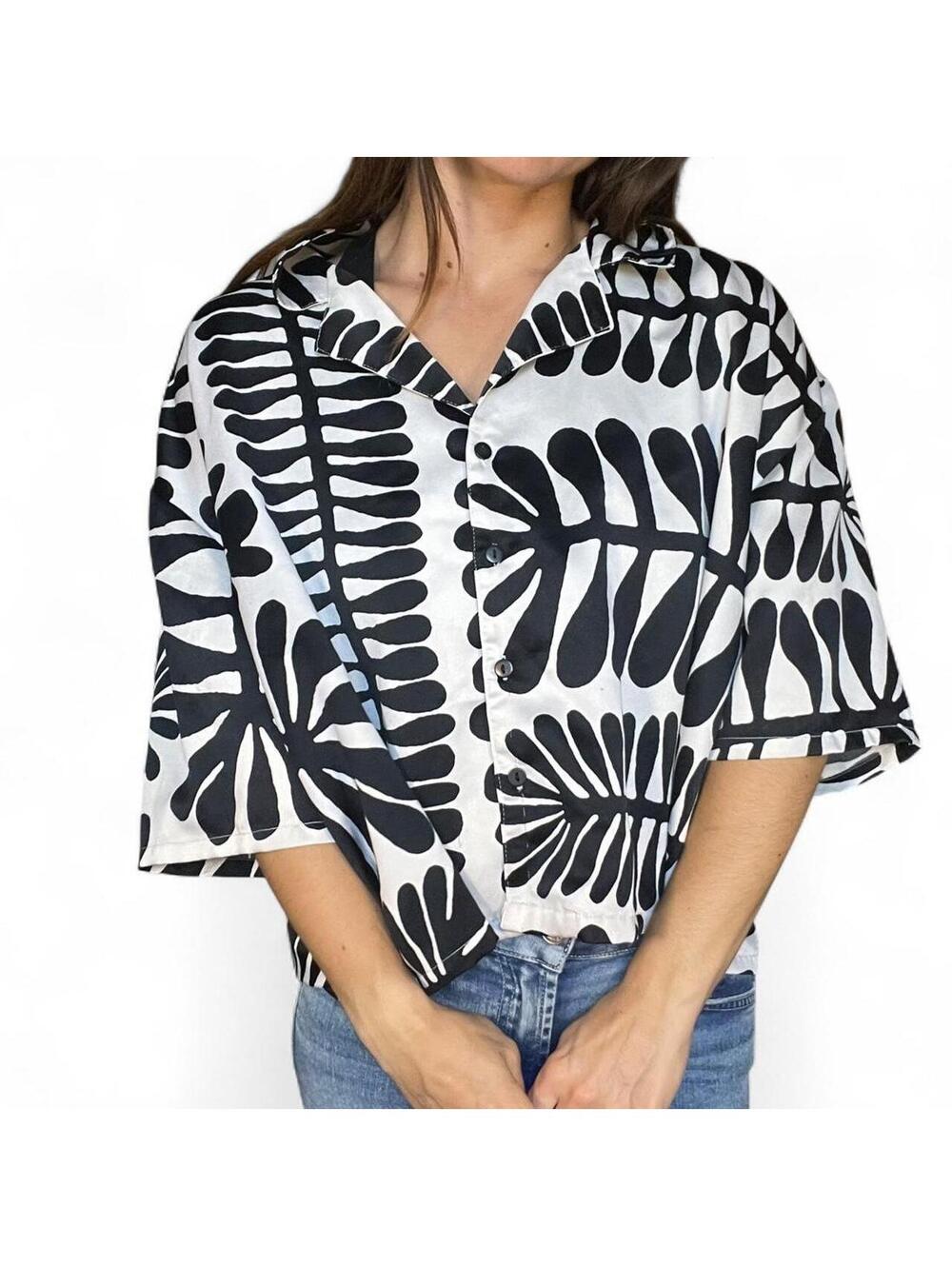 Spoon Jeans Black & White Tropical Print Button Up Shirt Size 3X